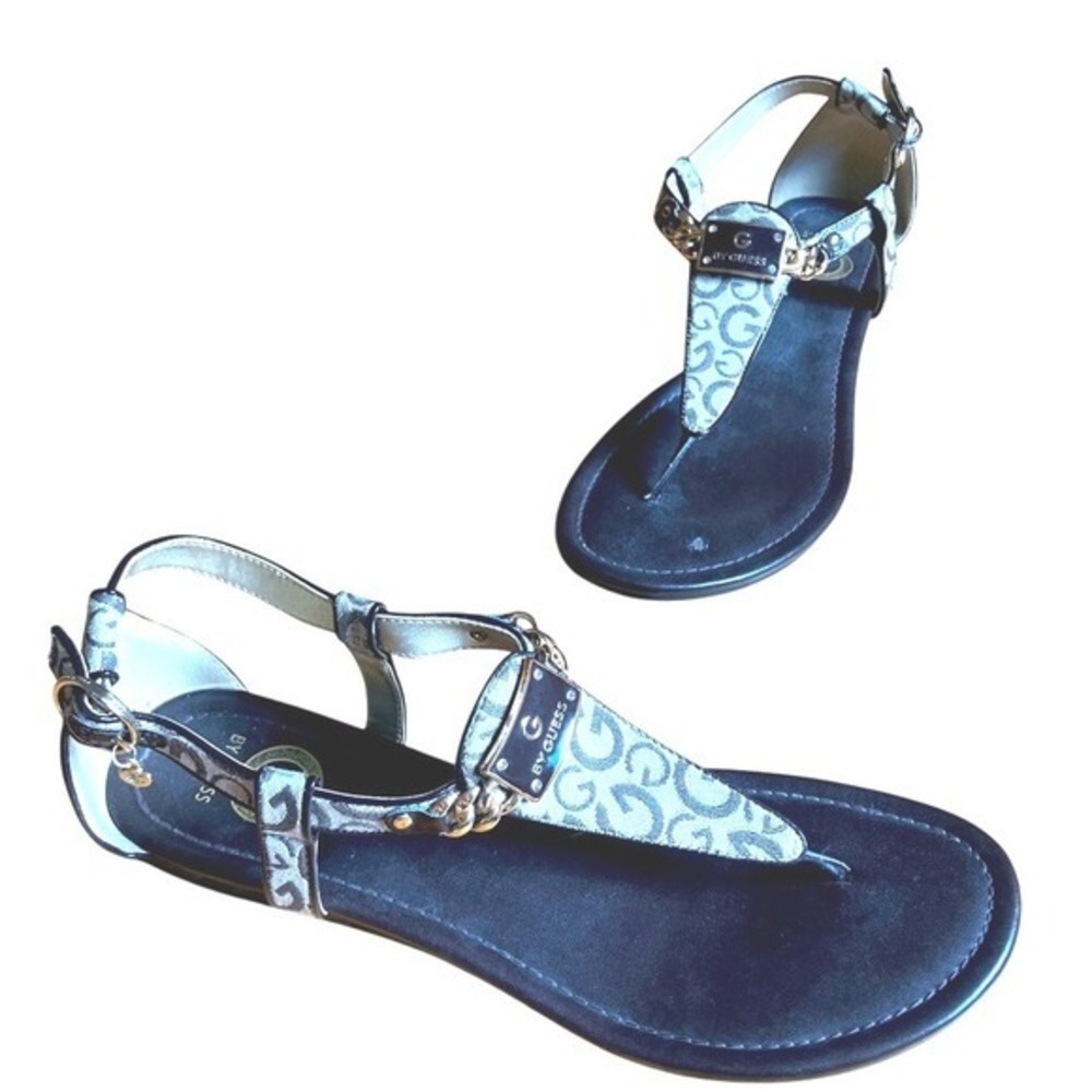 Vintage Guess Flat Sandals with Gold sz 10 Coastal Wedding guest Cocktail Beach‎